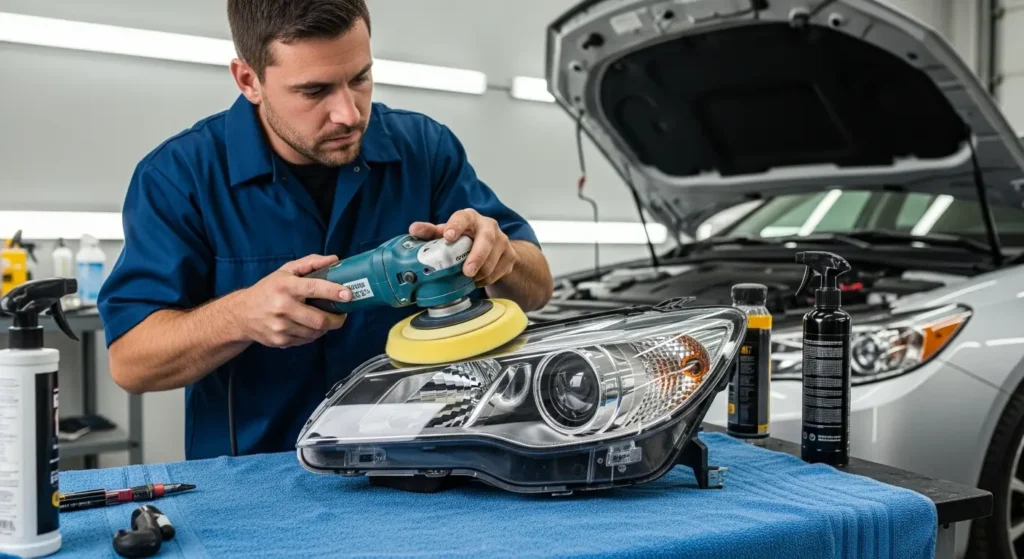 Cómo Pulir los Faros del Coche: Guía Definitiva 2026 + Precios 7 proceso de pulido de faros de coche con pulidora orbital