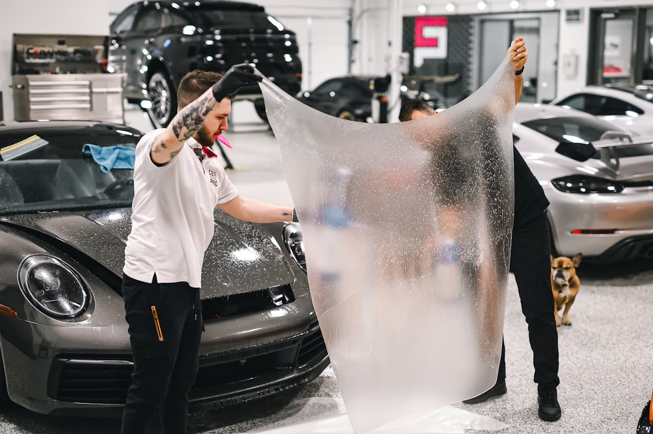 Desventajas del tratamiento cerámico: cuándo no deberías aplicarlo 5 Dos instaladores extendiendo una lámina de PPF transparente junto a un Porsche 911 gris