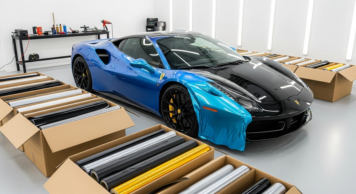 Vinilos para coches de calidad: cómo reconocer uno de alta adherencia 2 Deportivo a medio vinilar en azul con cajas de rollos de vinilo de colores en el suelo del taller