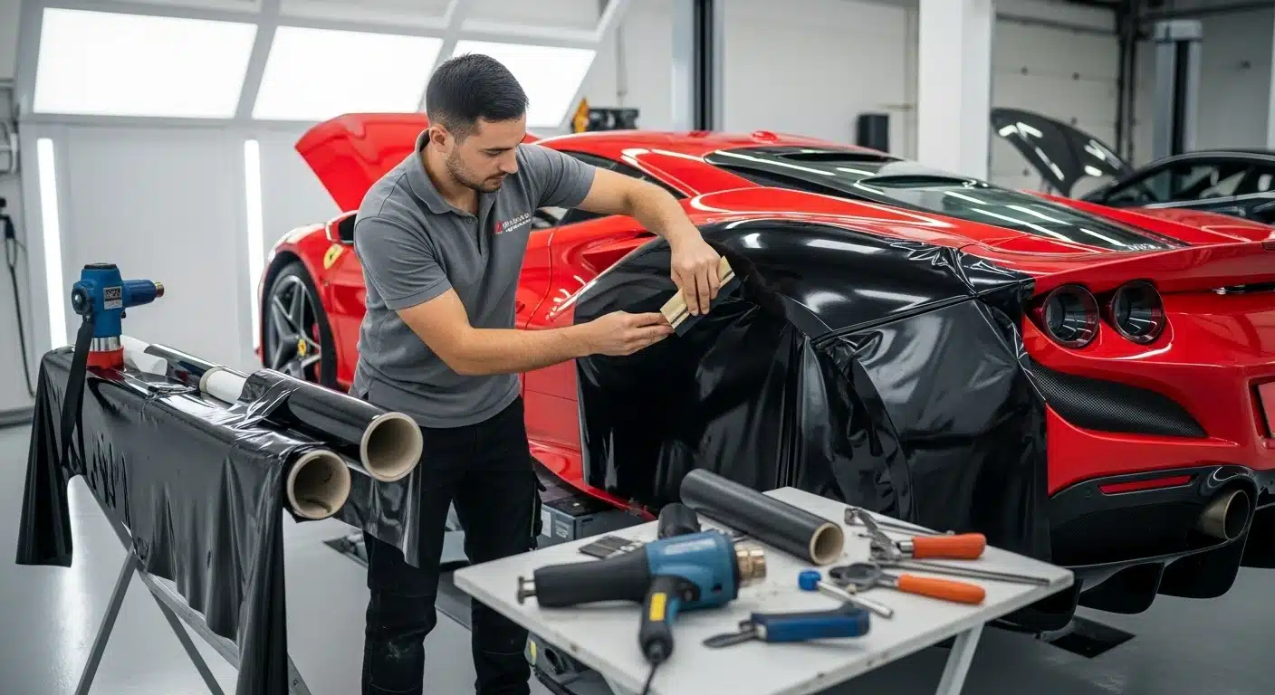 Vinilar coche precio en 2026: guía de tarifas y factores 3 Instalador aplicando vinilo negro sobre la aleta delantera de un deportivo rojo en el taller