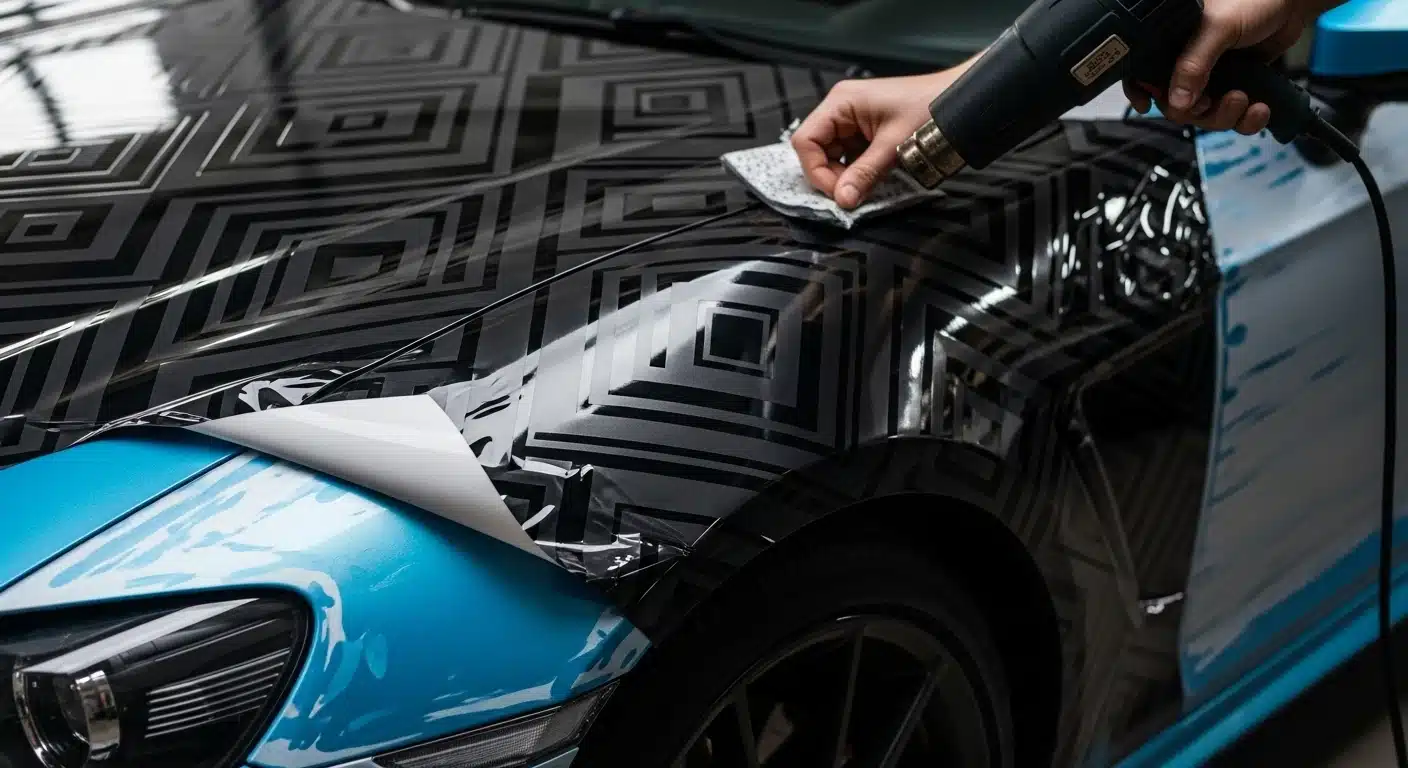 Vinilar coche precio en 2026: guía de tarifas y factores 2 Pistola de calor y espátula conformando un vinilo negro con dibujo geométrico sobre la aleta de un coche