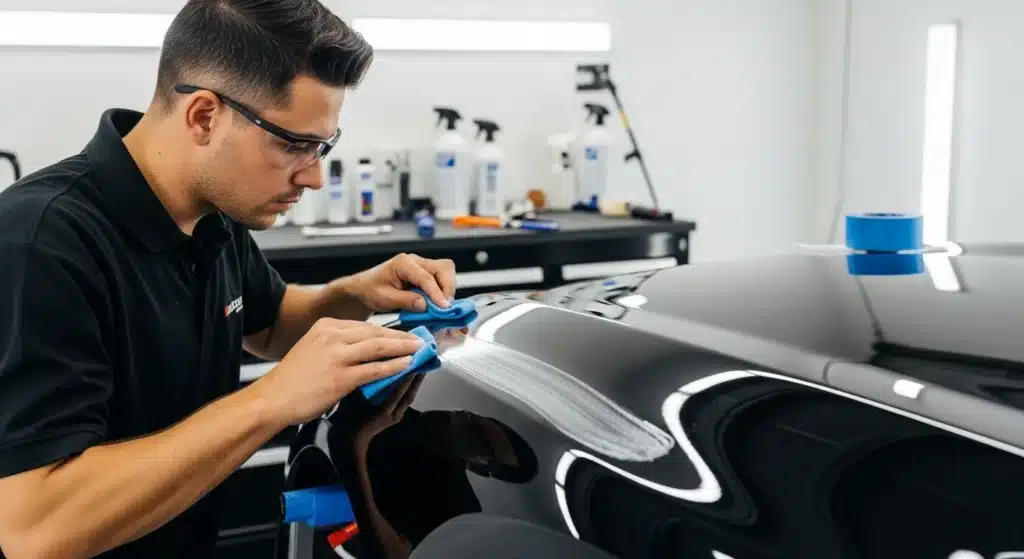 Pintura de coche protegida con coating cerámico mostrando efecto hidrofóbico