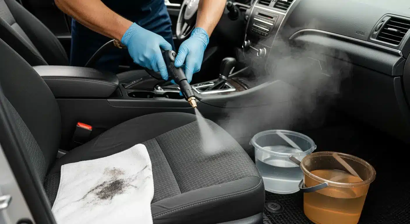 Cómo limpiar la tapicería del coche paso a paso (sin dejar cercos) 5 Limpieza con vapor de un asiento de tela gris oscuro con cubos de agua y paño sucio al lado