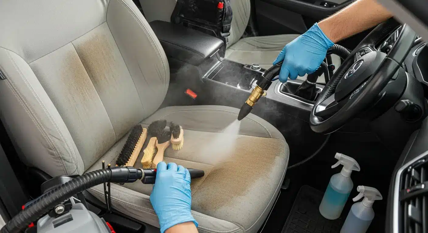 Cómo limpiar la tapicería del coche paso a paso (sin dejar cercos) 4 Asiento de tela beige con suciedad acumulada tratado con limpieza por inyección y extracción