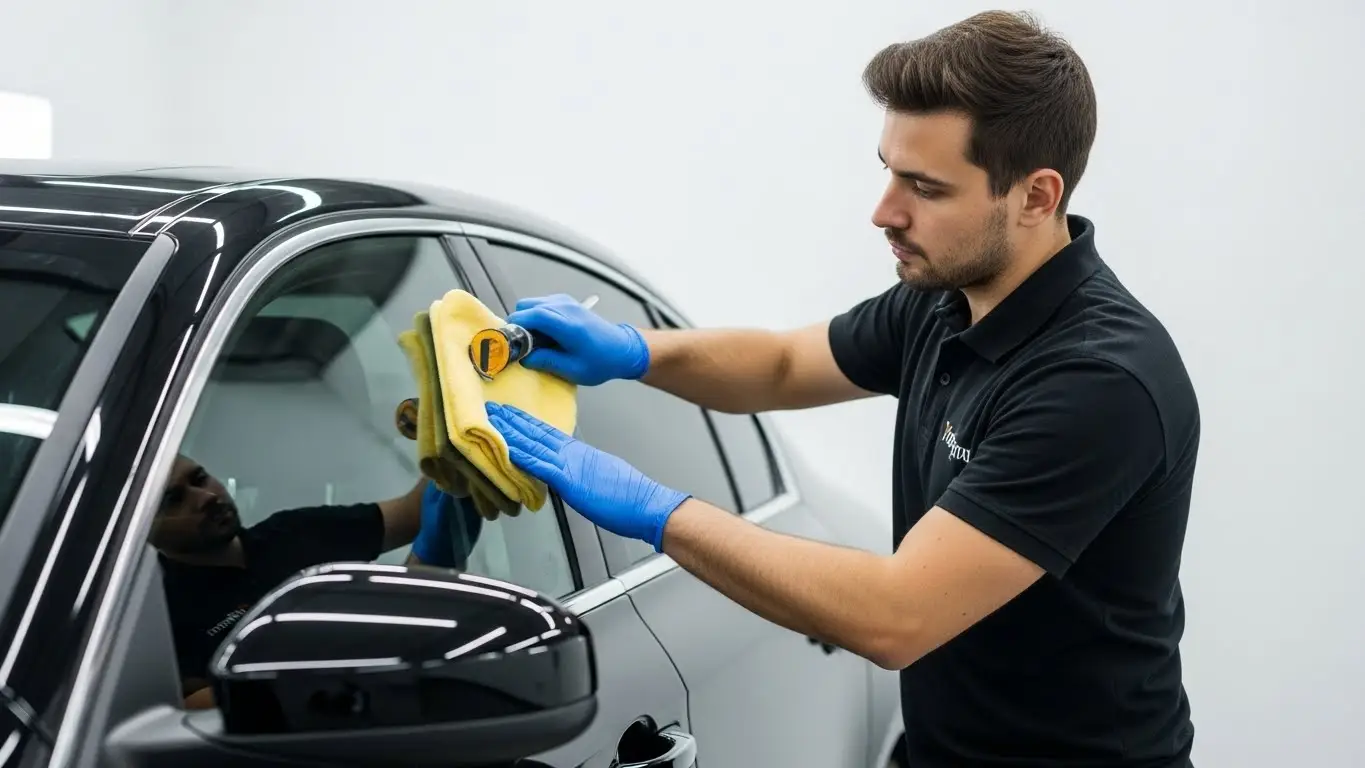 Cómo encerar un coche a mano: guía paso a paso y productos 5 Repaso con microfibra de la puerta de un coche negro para retirar restos de cera
