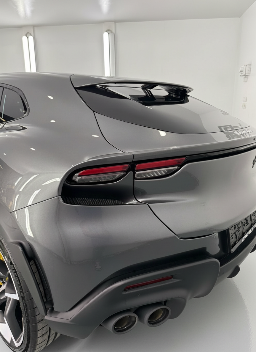 PPF Ferrari Purosangue: protección frontal con STEK 16 Conformado con calor del PPF en las curvas del frontal del Ferrari Purosangue
