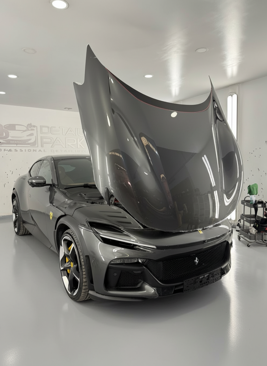 PPF Ferrari Purosangue: protección frontal con STEK 20 Ferrari Purosangue protegido con paint protection film en Detail Park