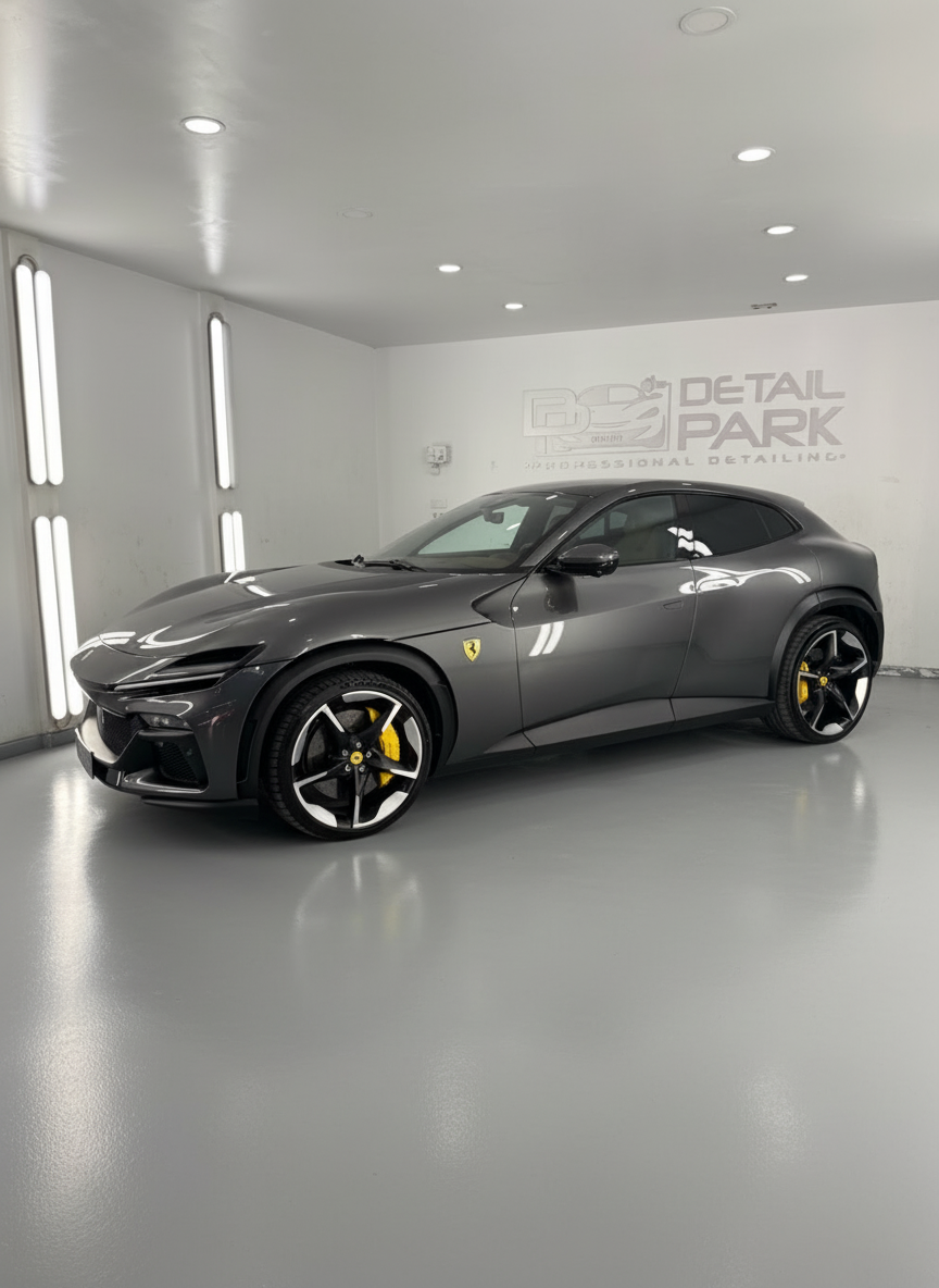 PPF Ferrari Purosangue: protección frontal con STEK 21 Vista del Ferrari Purosangue con el frontal protegido con PPF STEK DYNOshield