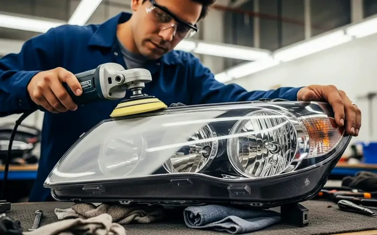 Técnico puliendo un faro desmontado con pulidora y pad amarillo, cómo pulir los faros del coche