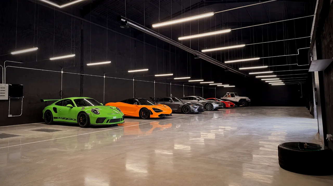 Nave de custodia de coches de Detail Park en Alicante con superdeportivos aparcados en fila