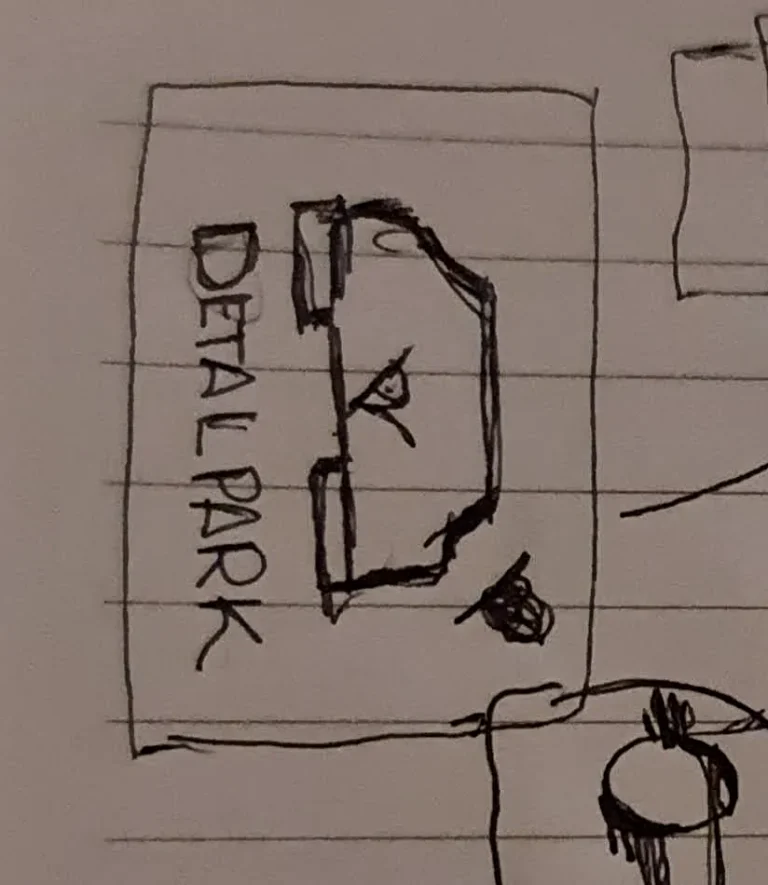 El Equipo 10 Primer boceto del logo de Detail Park, dibujado a mano en una hoja de libreta