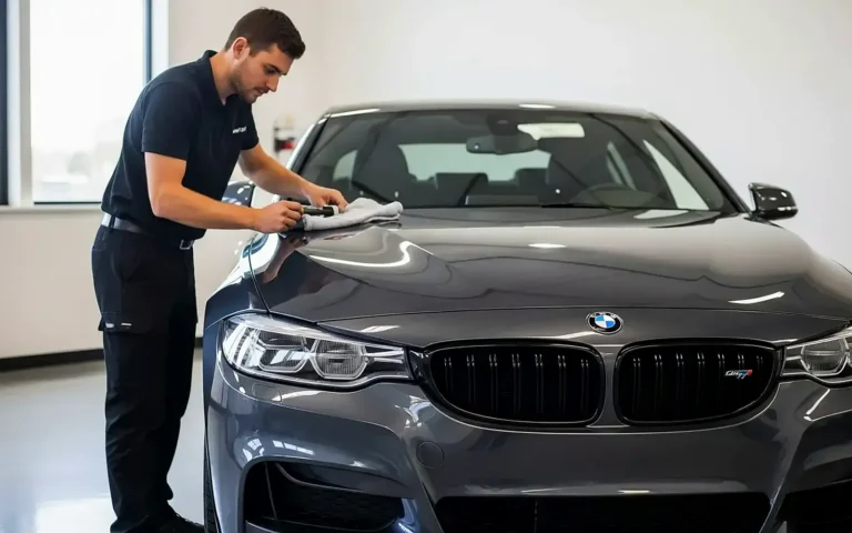 Cuánto cuesta un detailing: detailer repasa con una microfibra el capó de una berlina gris oscuro