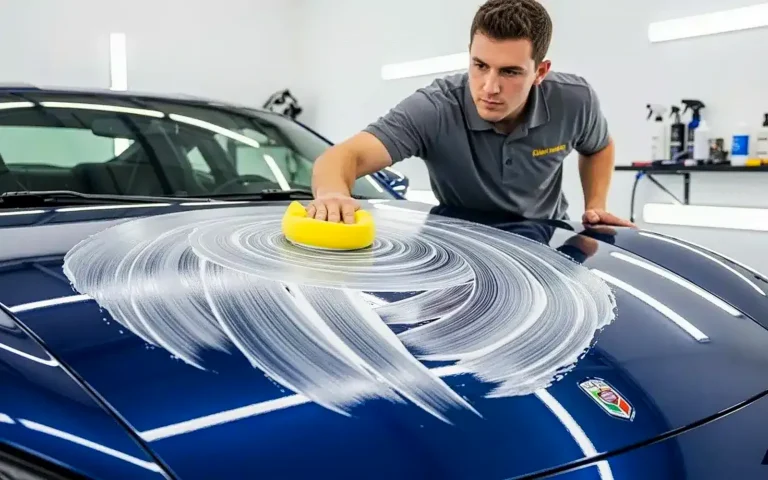 Aplicador amarillo extendiendo cera sobre el capó azul, cómo encerar un coche a mano