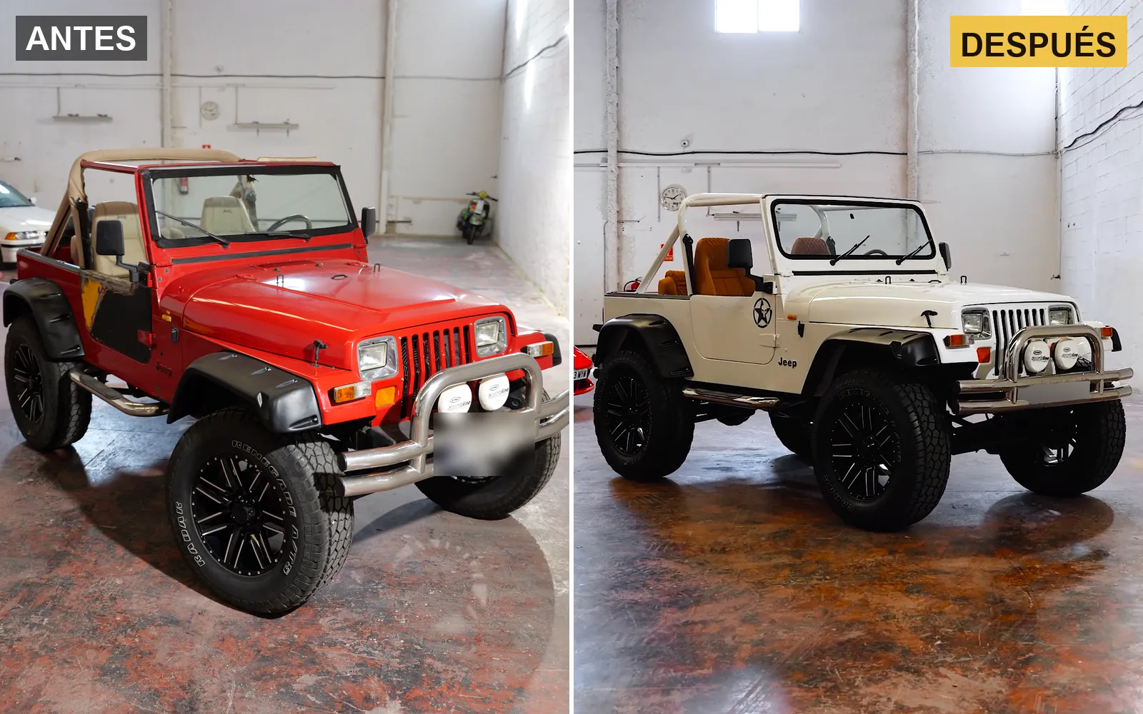 Jeep Wrangler YJ: restauración completa y tapizado a medida 1 Jeep Wrangler YJ antes y después de la restauración completa en Detail Park: de rojo a blanco