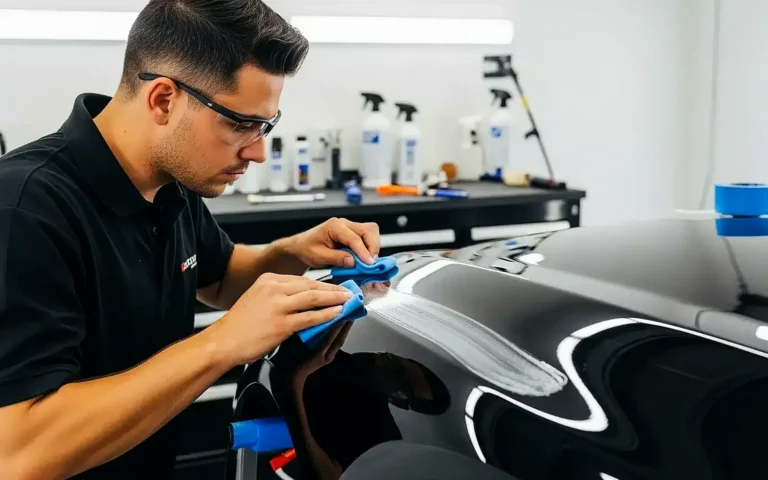 Técnico aplicando un tratamiento cerámico para coche panel a panel sobre una pintura negra