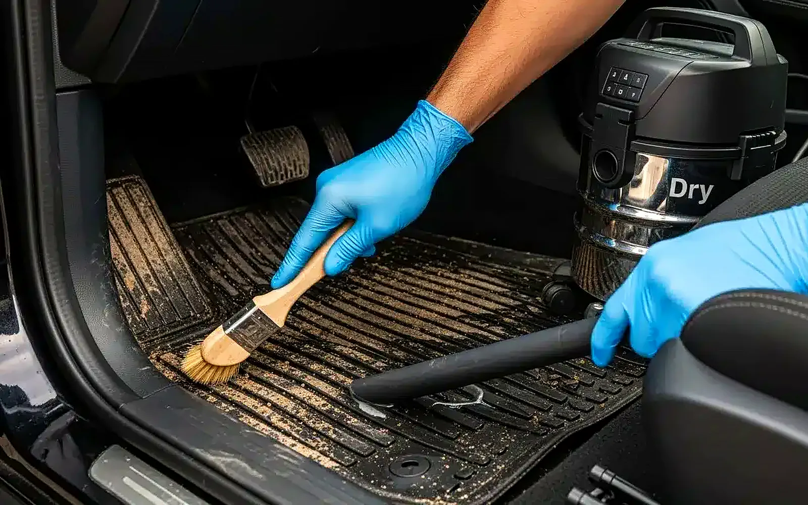 Cómo limpiar la moqueta del coche y el maletero a fondo 1 Cómo limpiar la moqueta del coche: cepillado del suelo y la alfombrilla con aspirador de sólidos y líquidos