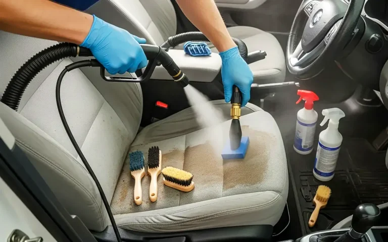 Cómo limpiar la tapicería del coche: asiento de tela claro trabajado con extractora, cepillos y limpiador textil