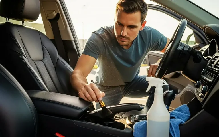 Cómo limpiar los asientos del coche: cepillado de un asiento de cuero negro con limpiador en espray