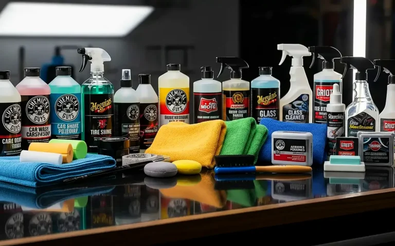 Mejores productos de detailing para el coche: champús, limpiadores, sprays, aplicadores y microfibras sobre una mesa