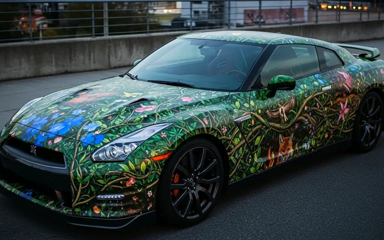 Deportivo con vinilo impreso de motivos florales en verde, el tipo de trabajo que hacen los talleres de vinilos para coches