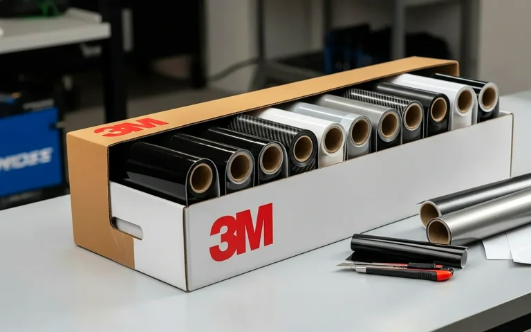Caja de 3M con rollos de vinilo 3M para coche en carbono, plata y negro sobre la mesa del taller