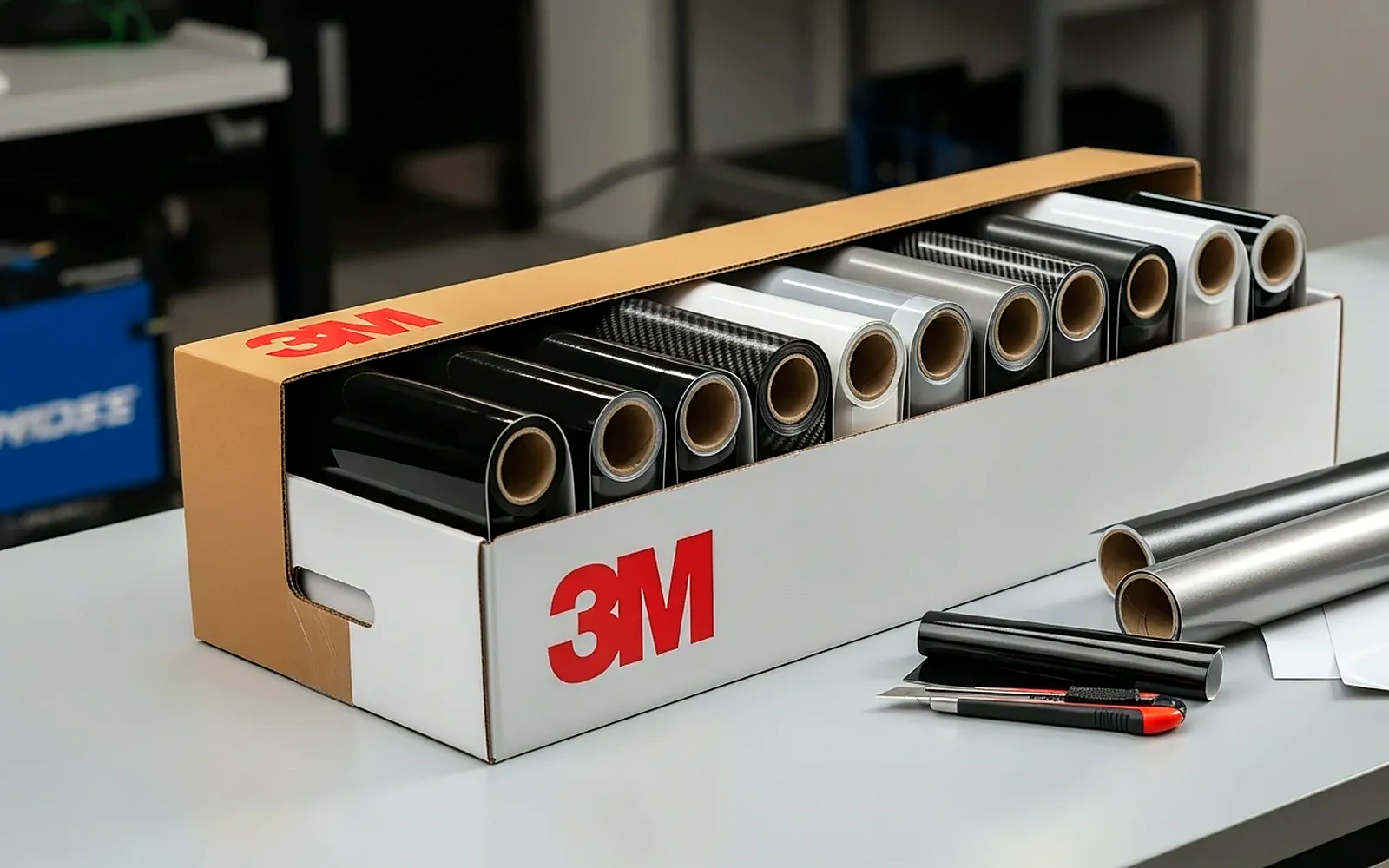 Vinilo 3M para coche: la Serie 2080 explicada 1 Caja de 3M con rollos de vinilo 3M para coche en carbono, plata y negro sobre la mesa del taller