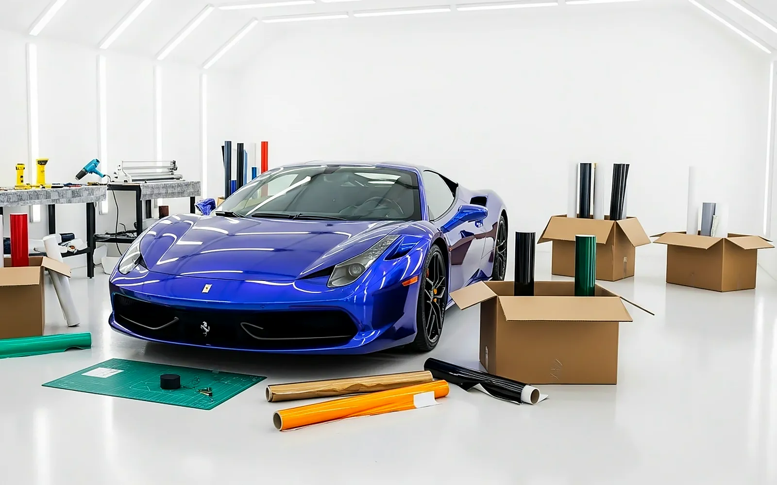 Vinilos para coches de calidad: cómo reconocer uno de alta adherencia 1 Deportivo azul en un taller blanco rodeado de rollos de vinilos para coches de calidad