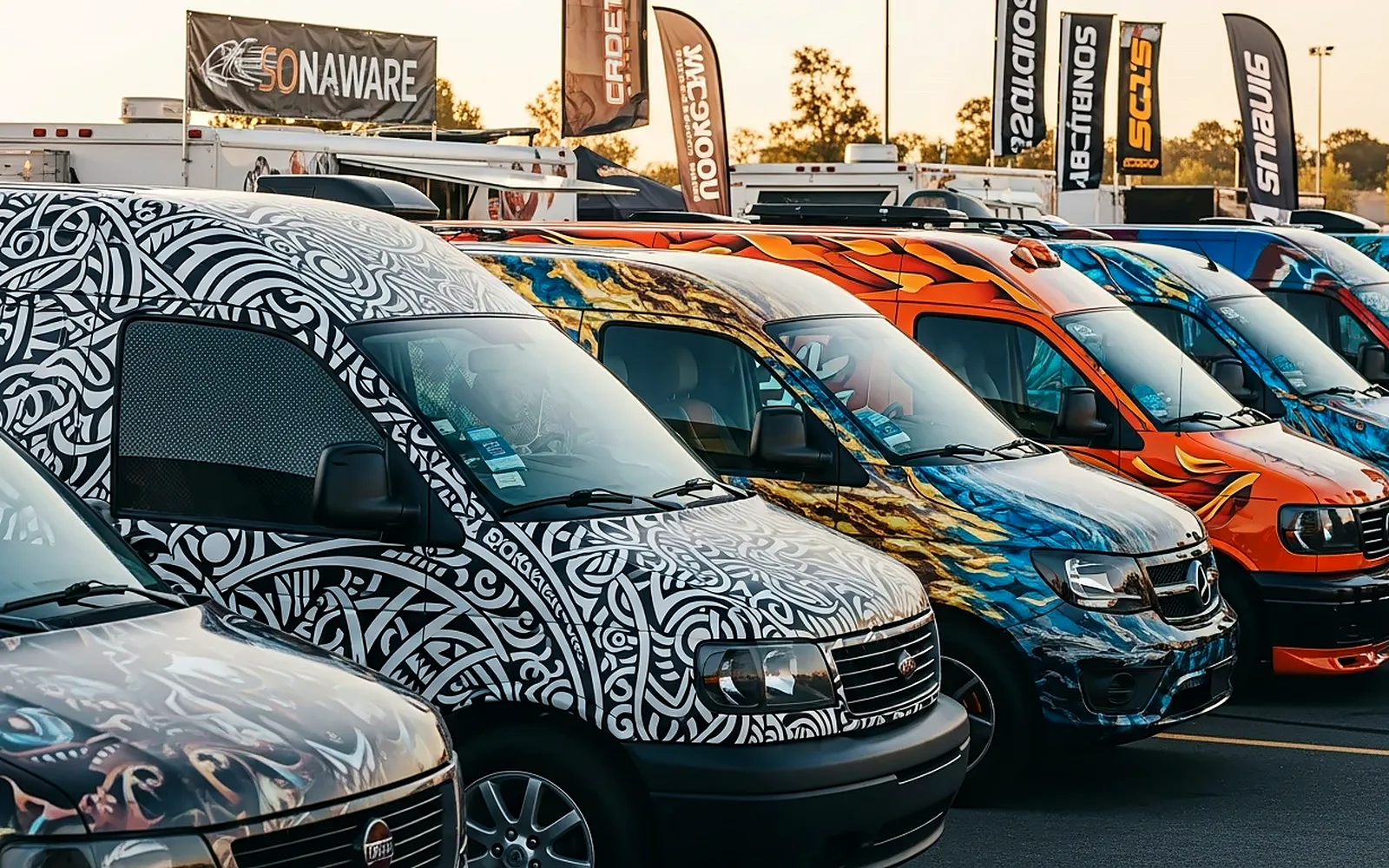 Vinilos para coches personalizados: tipos, duración y cuidados 1 Fila de coches y furgonetas con vinilos para coches personalizados de dibujos tribales y llamas en una concentración