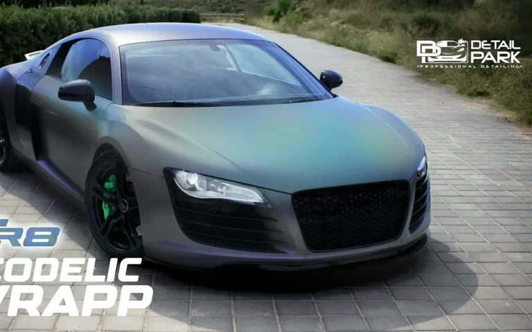 Audi R8 wrap en Gloss Flip Psychedelic con reflejos verdes y morados y llantas negras