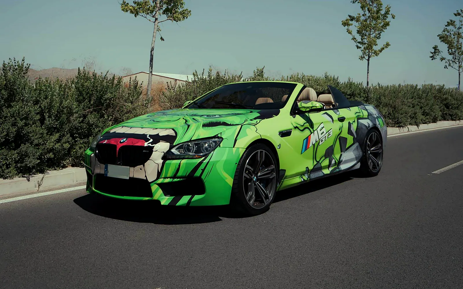 Wrapping BMW Hulk: un Serie 6 Cabrio convertido en el coche de Hulk 1 Wrapping BMW Hulk: Serie 6 Cabrio verde con la cara de Hulk en el frontal, en carretera